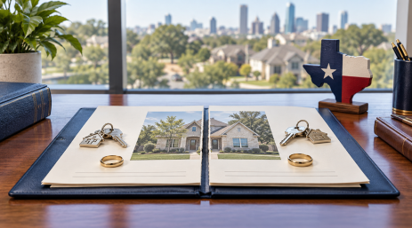 Texas title webinar image showing two homes, two sets of keys and wedding rings divided across an open property file.